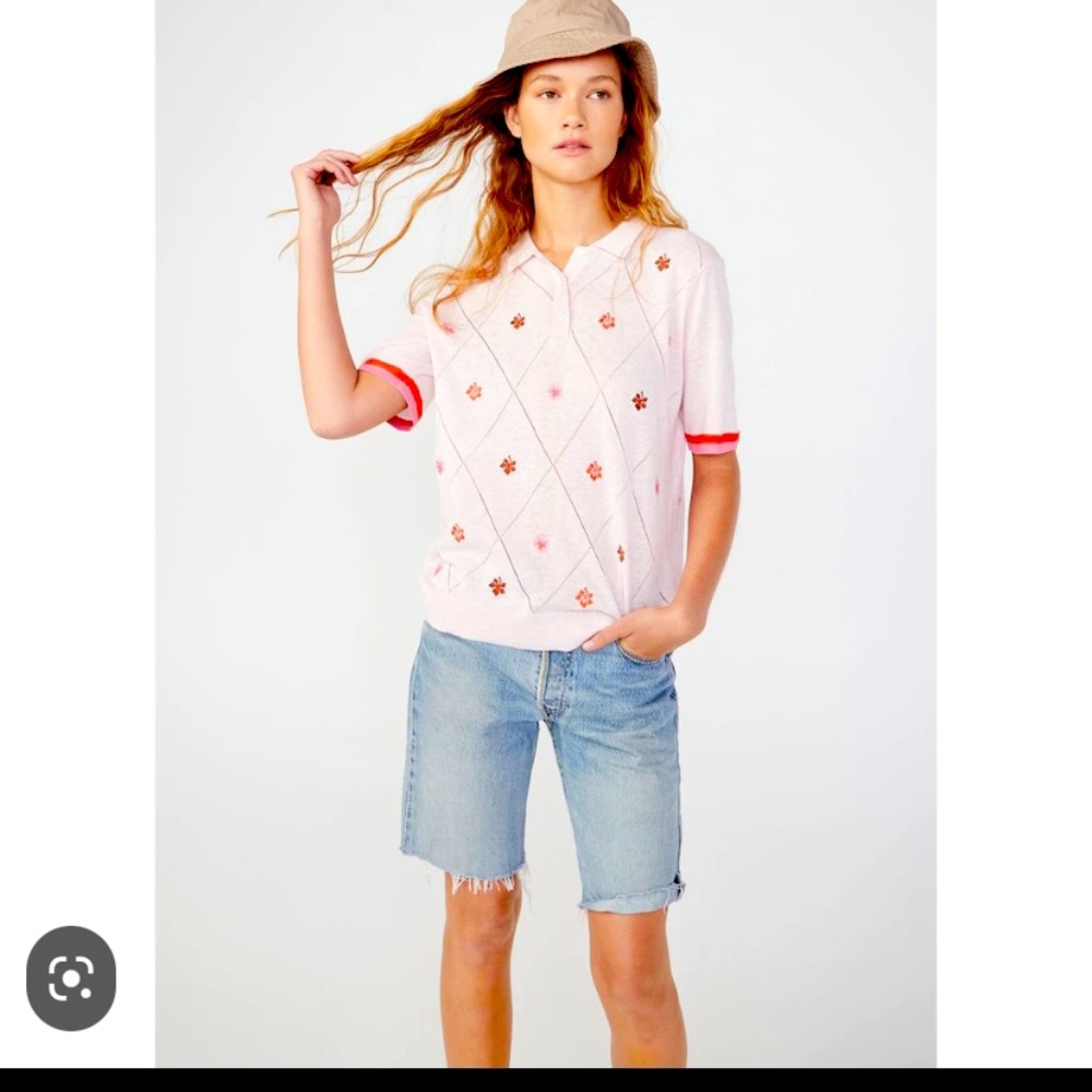 KULE Pink Argyle Polo with Red Trim